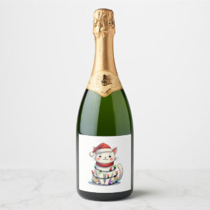 Cat Christmas Tree Christmas Sparkling Wine Label