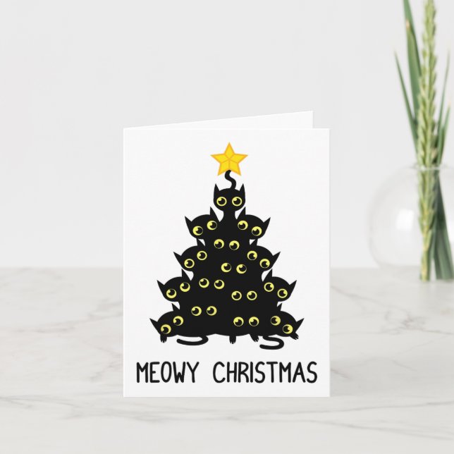 Cat Christmas Tree Cute Black Kitten Lover Meowy W Card (Front)