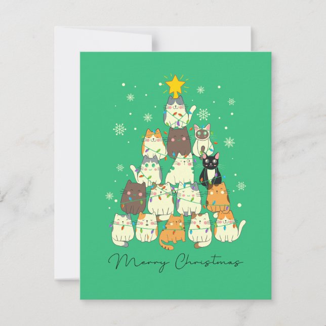 Cat Christmas Tree Cute Lights Holiday Card (Front)