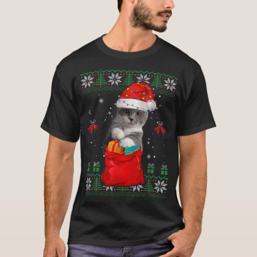 Cat Christmas Tree Lights Santa Hat Cat Lover T_Shirt