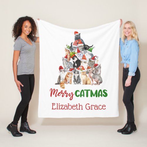 Cat Christmas Tree Merry Catmus Cat Lovers Gift Fleece Blanket