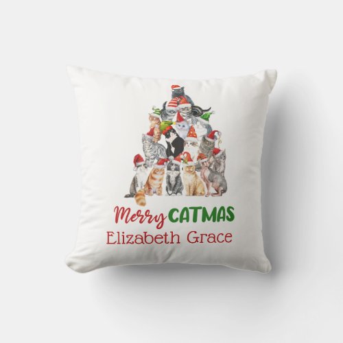 Cat Christmas Tree Merry Catmus Cat Lovers Gift  Throw Pillow