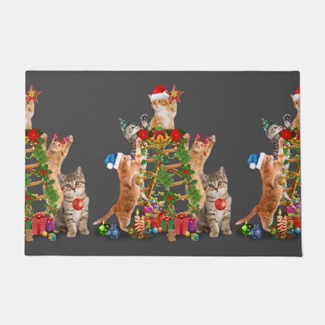 Cat Christmas Tree Ugly Christmas Cat Mom Cat Dad Doormat (Front)