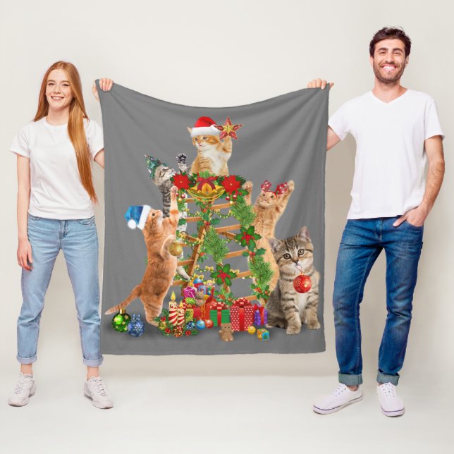 Cat Christmas Tree Ugly Christmas Cat Mom Cat Dad Fleece Blanket (In Situ)