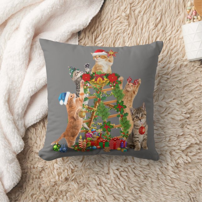 Cat Christmas Tree Ugly Christmas Cat Mom Cat Dad Throw Pillow (Blanket)