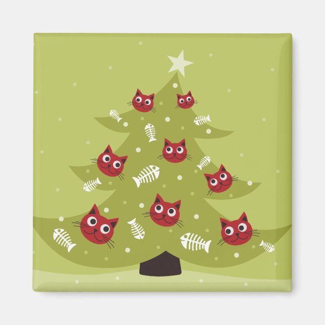 Cat Christmas Tree With Fish Ornaments Magnet (Front)