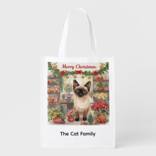 Cat Christmas with flowers themed for Cat Lovers Grocery Bag