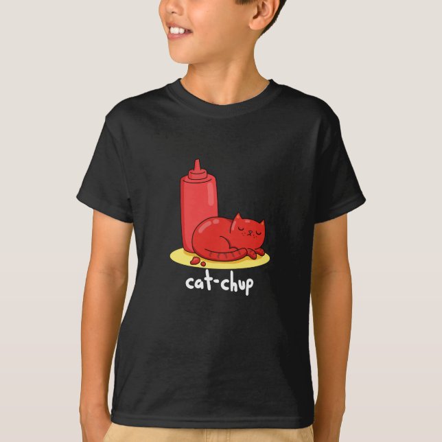 Cat-chup Funny Red Ketchup Cat Pun Dark BG T-Shirt (Front)