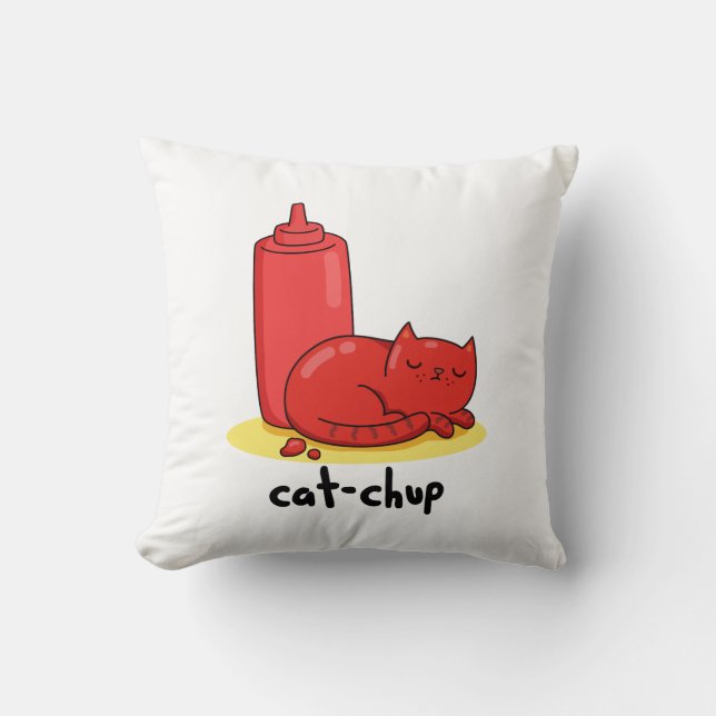 Cat-chup Funny Red Ketchup Cat Pun  Throw Pillow (Front)