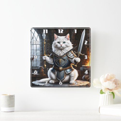 Cat Clad in Armor Wielding Sword and Spear Square Wall Clock