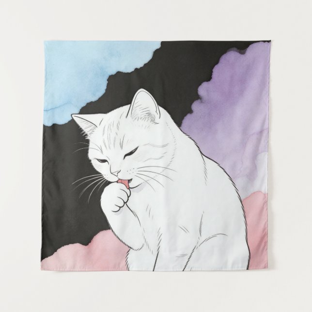 Cat Cleaning Its Paw Tapestry (Front)