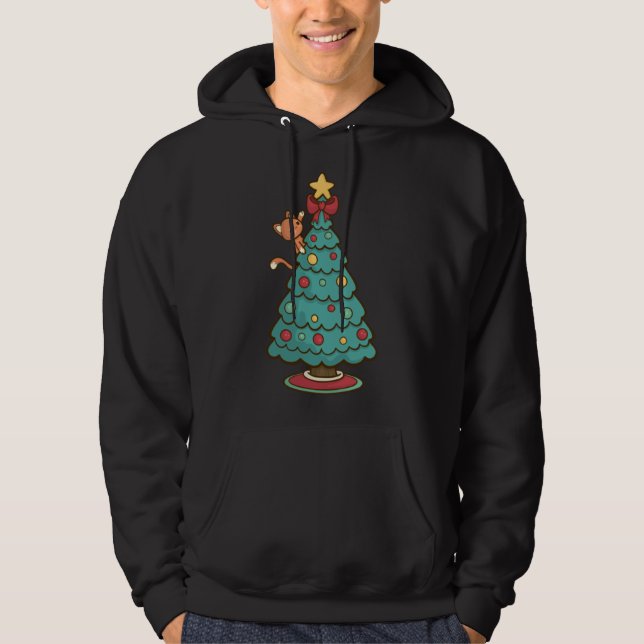 Cat Climbing Christmas Tree - Cute Kitten Santa Hoodie (Front)