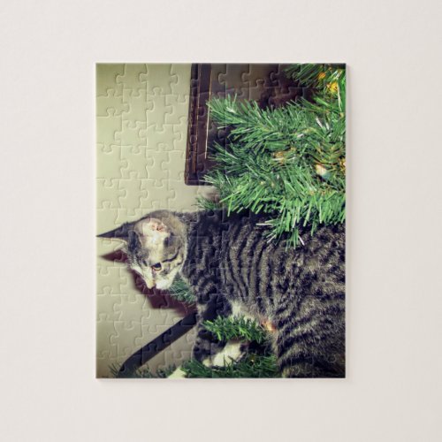 Cat Climbing Christmas Tree Jigsaw Puzzle