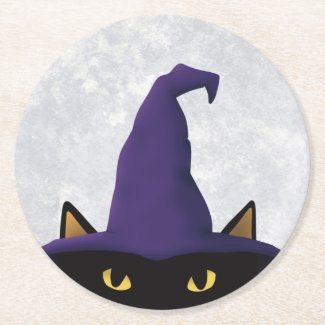 Cat Coaster Black Cat w/ Purple Witch's Hat