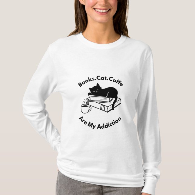Cat Coffee Book Lover T-Shirt, Cozy Reader Aesthet T-Shirt (Front)