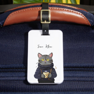 Cat Coffee/Tea in Vintage Watercolor Sweater  Luggage Tag