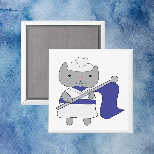 Cat Color Guard Blue White Magnet (A magnet with a gray kitty cat wearing a blue and white color guard uniform.)