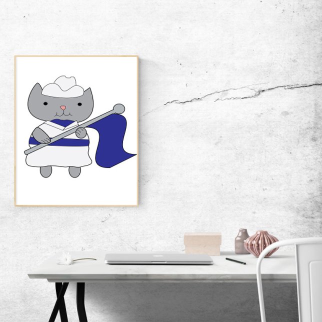 Cat Color Guard Blue White Poster (A poster of a gray cat in a blue and white color guard uniform complete with flag.)