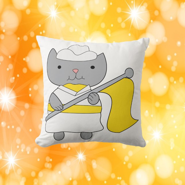Cat Color Guard Flag Team Yellow White Throw Pillow (A throw pillow with a cat wearing a yellow & white color guard outfit complete with yellow flag!)