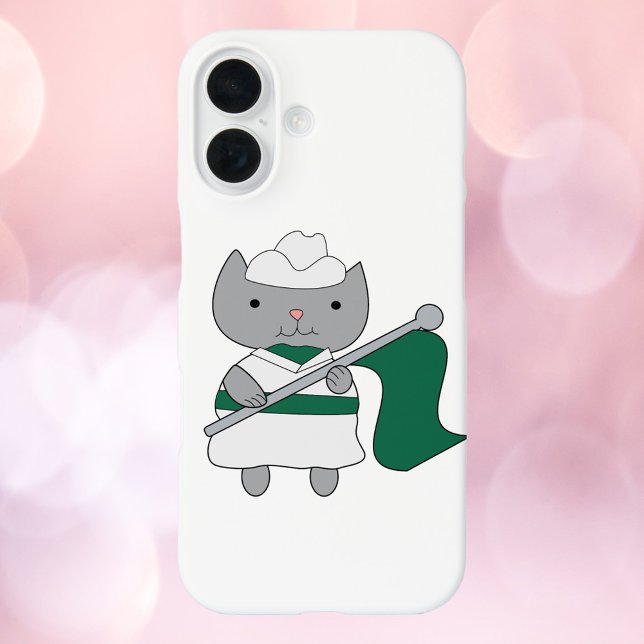 Cat Color Guard Green White Case-Mate iPhone Case (A phone case with a gray cat wearing a green and white color guard uniform.)