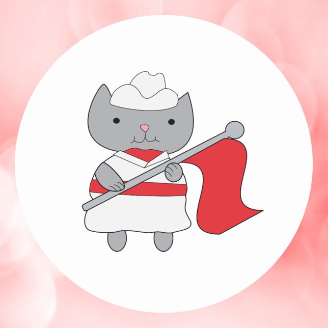 Cat Color Guard Red White Classic Round Sticker (A sticker featuring a gray kitty cat in a red and white color guard uniform.)