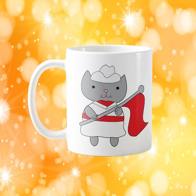 Cat Color Guard Red White Coffee Mug (A mug with a gray cat wearing a red and white color guard uniform.)