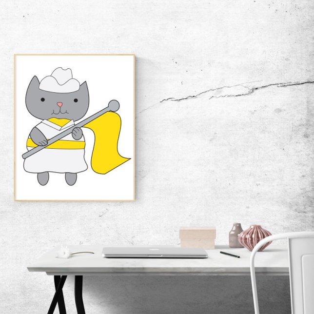 Cat Color Guard Yellow and White Poster (A poster featuring a gray cat in a yellow & white color guard uniform.)