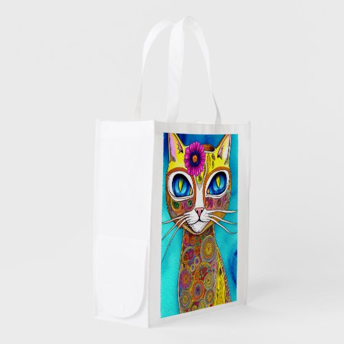 Cat Colorful Kooky Hippie Cat  Grocery Bag