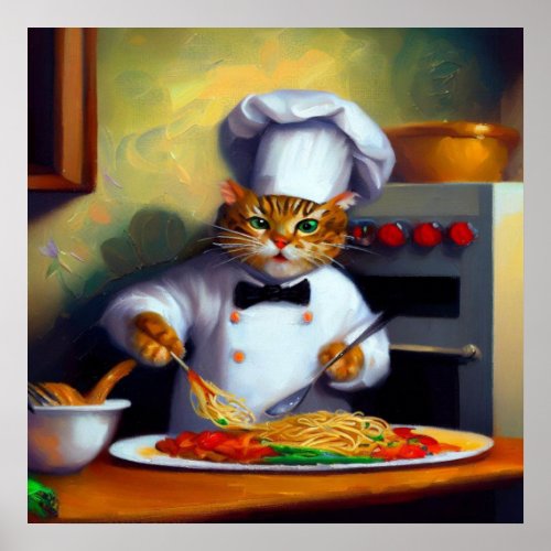 Cat Cooking Spaghetti Poster