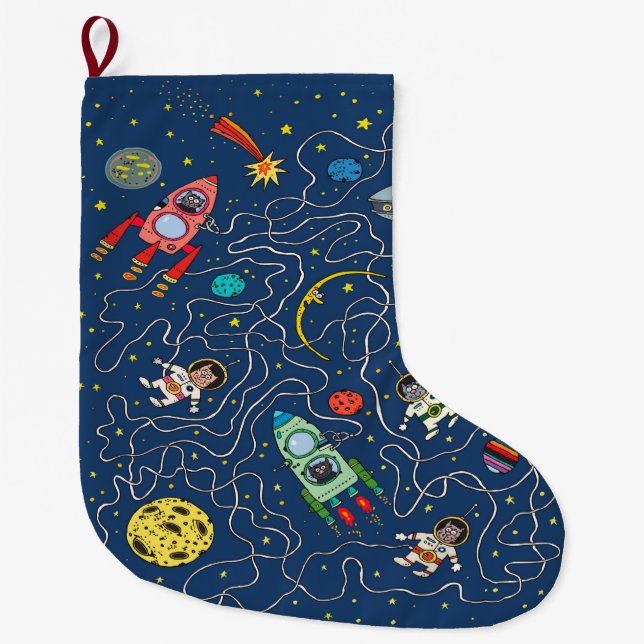 cat cosmos cosmonaut rocket large christmas stocking (Front)