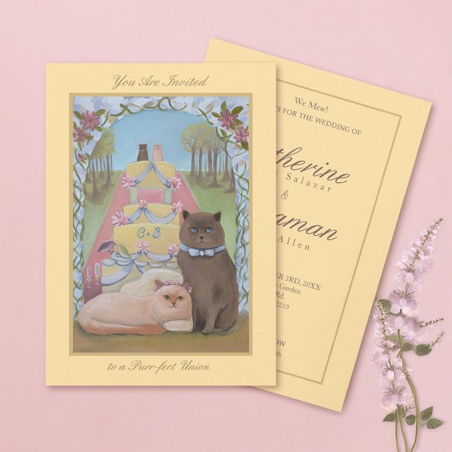 Cat Couple Yellow Wedding Invitation (Creator Uploaded)