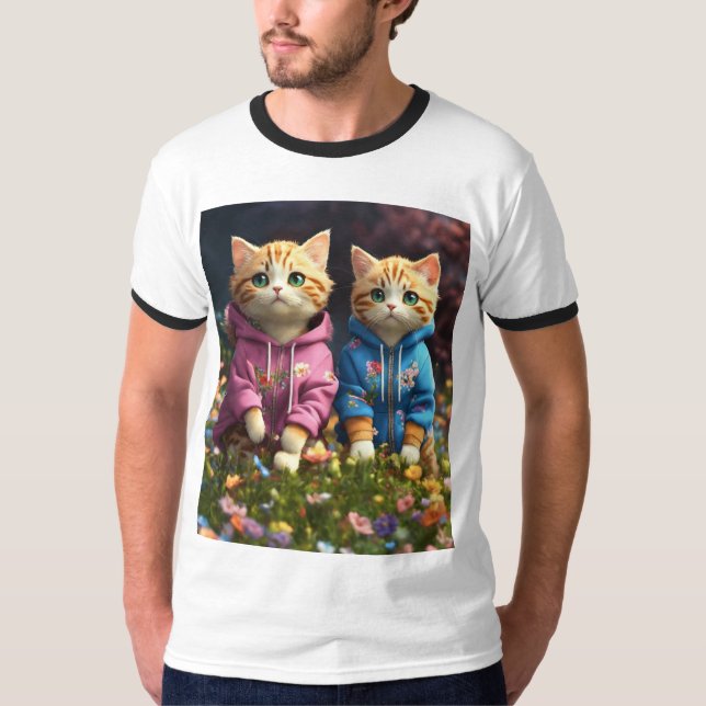 Cat Couples in Hoodies: Floral Love Design T-Shirt (Front)