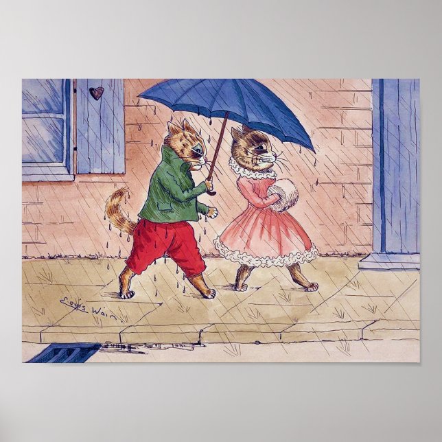 Cat Courting in the Rain, Louis Wain Poster (Front)