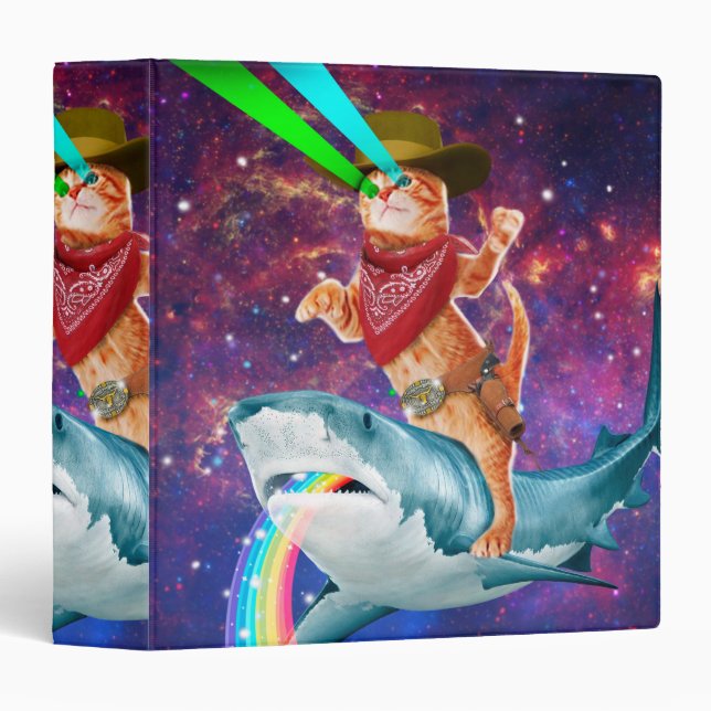 Cat Cowboy riding a Shark spewing a Rainbow 3 Ring Binder (Front/Spine)