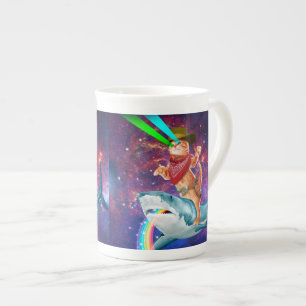 Cat Cowboy riding a Shark spewing a Rainbow Bone China Mug
