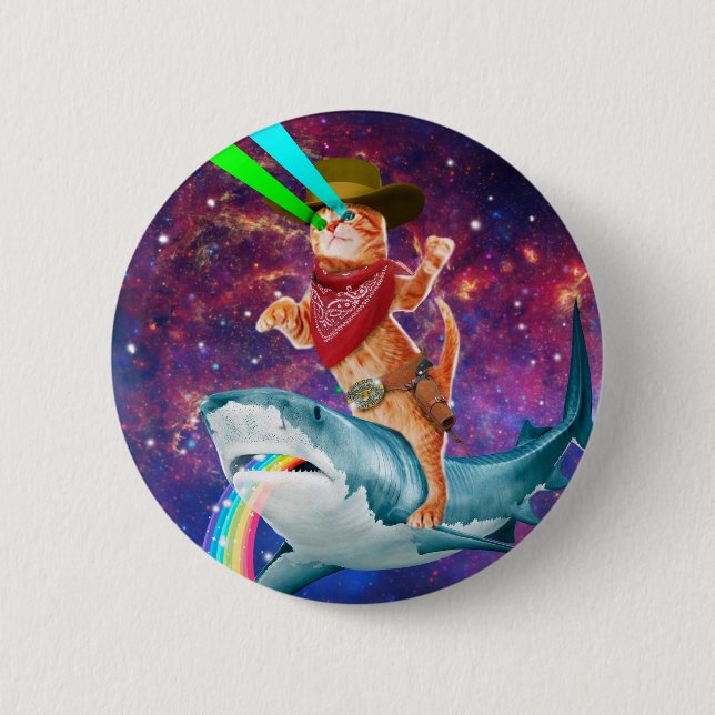 Cat Cowboy riding a Shark spewing a Rainbow Button (Front)