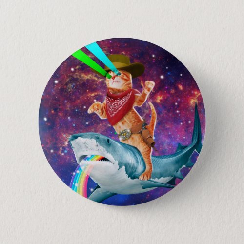 Cat Cowboy riding a Shark spewing a Rainbow Button