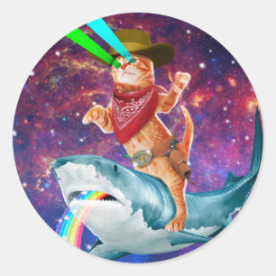 Cat Cowboy riding a Shark spewing a Rainbow Classic Round Sticker