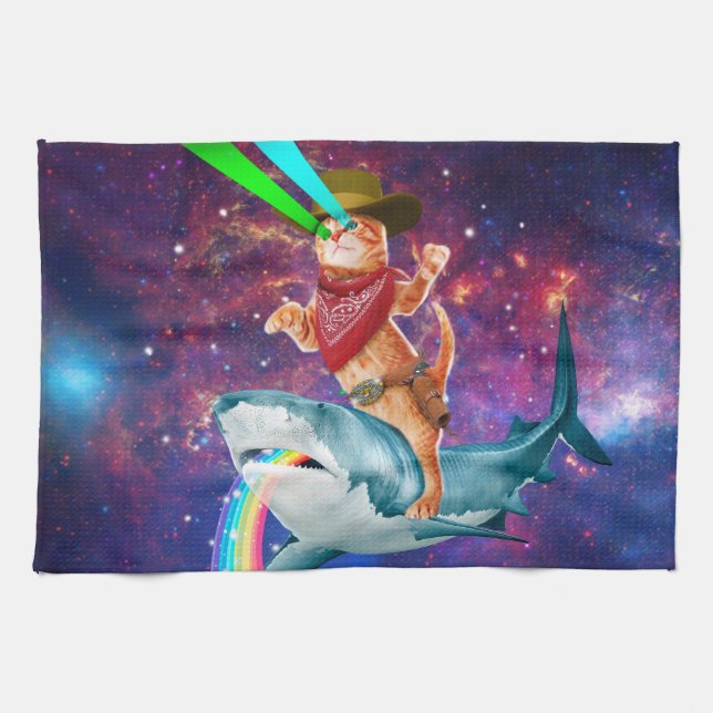 Cat Cowboy riding a Shark spewing a Rainbow Kitchen Towel (Horizontal)