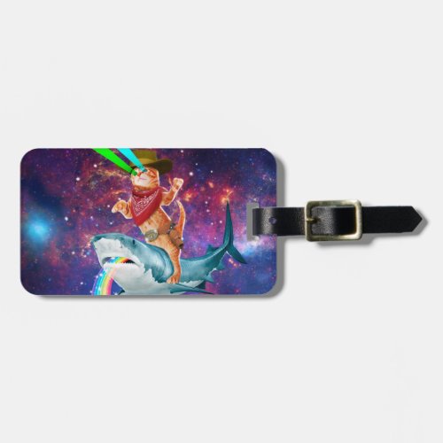 Cat Cowboy riding a Shark spewing a Rainbow Luggage Tag