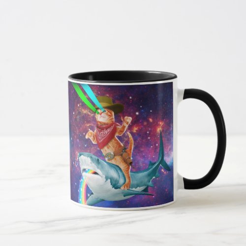 Cat Cowboy riding a Shark spewing a Rainbow Mug