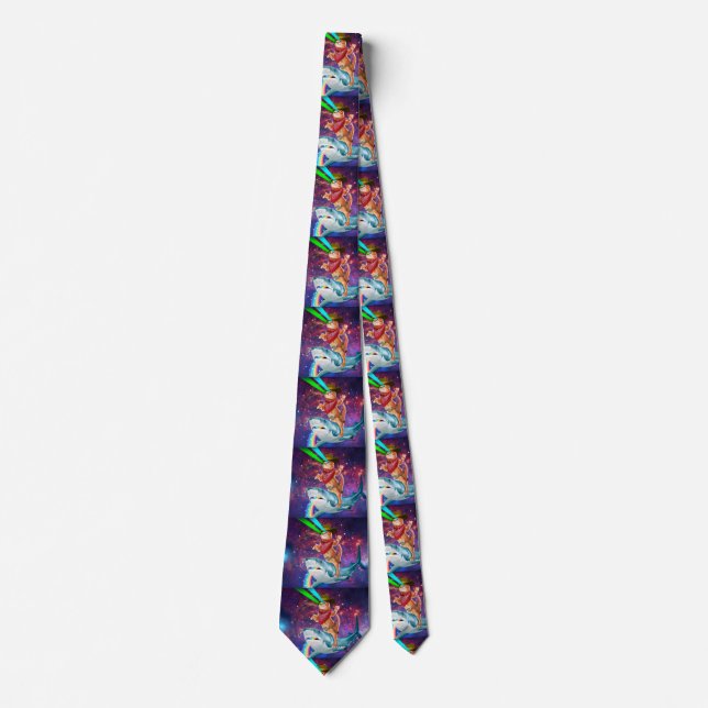 Cat Cowboy riding a Shark spewing a Rainbow Neck Tie (Front)