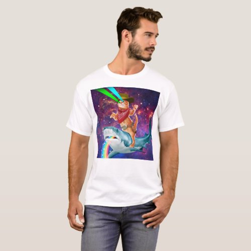 Cat Cowboy riding a Shark spewing a Rainbow T_Shirt