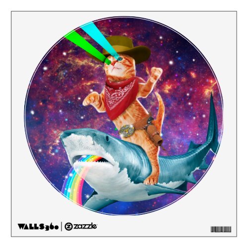 Cat Cowboy riding a Shark spewing a Rainbow Wall Decal