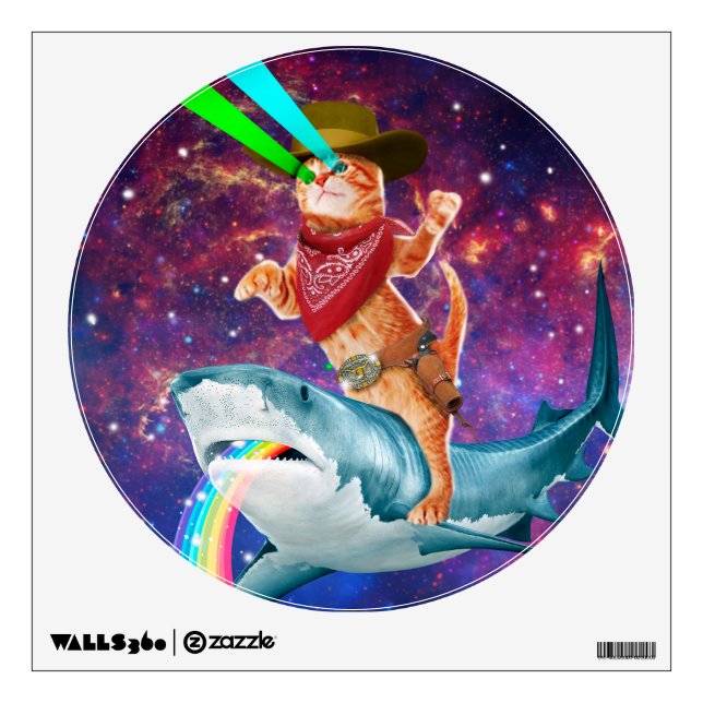Cat Cowboy riding a Shark spewing a Rainbow Wall Decal (Front)
