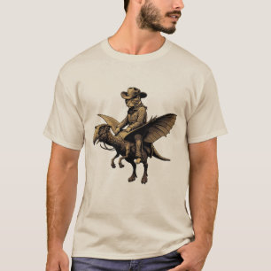 Cat cowboy riding dinosaur Achaeopteryx vintage  T-Shirt