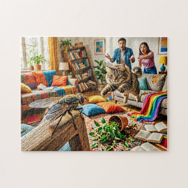 Cat Creates Chaos Chasing Fly Jigsaw Puzzle (Horizontal)