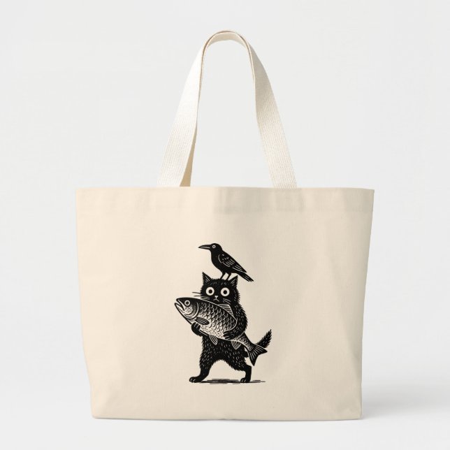 Cat, Crow, and Catch Large Tote Bag (Front)