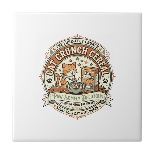 Cat Crunch Cereal Cat Breakfast Cereal Box Cat Vin Ceramic Tile (Front)
