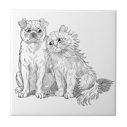 Cat Cuddles Up to Dog Ceramic Tile